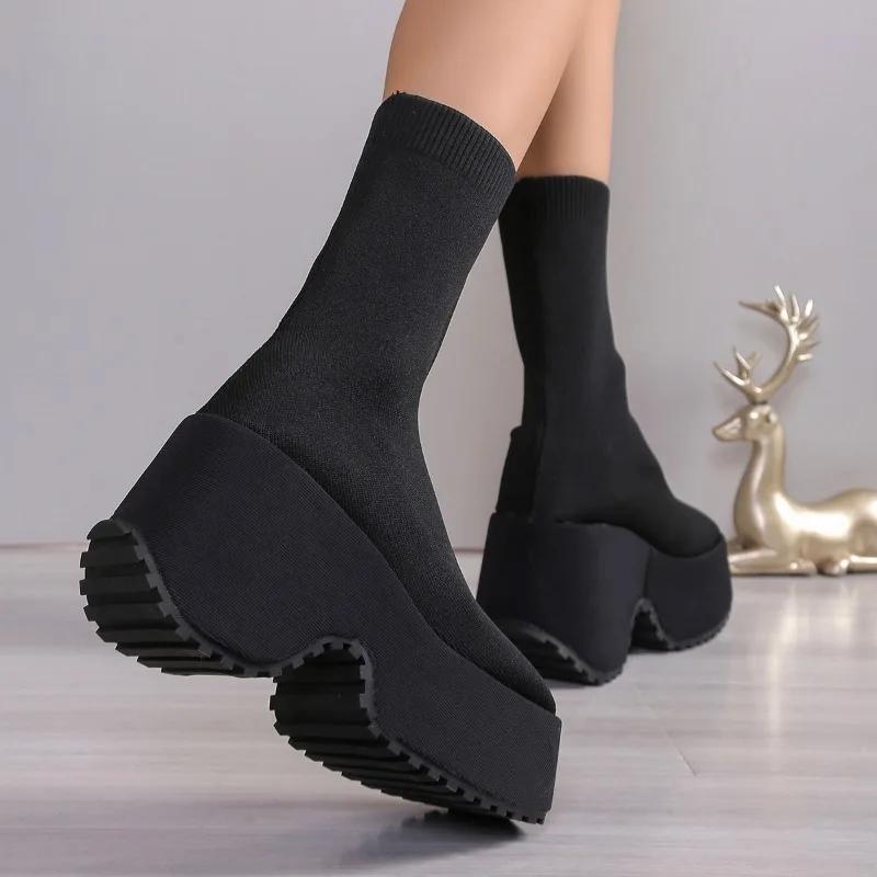 2024 Kadın Ayakkabıları Mesh Mid-Calf Kadın Botları Platform Modern Botlar Kadın Yuvarlak Burunlu Yüksek Topuklu Ayakkabılar Giyilebilir Büyük Beden Bayan Ayakkabıları