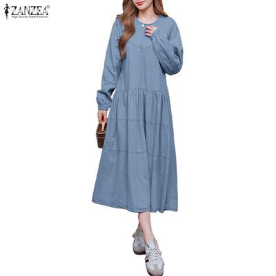 Women Casual Round Neck Solid Color Long Sleeve Dress