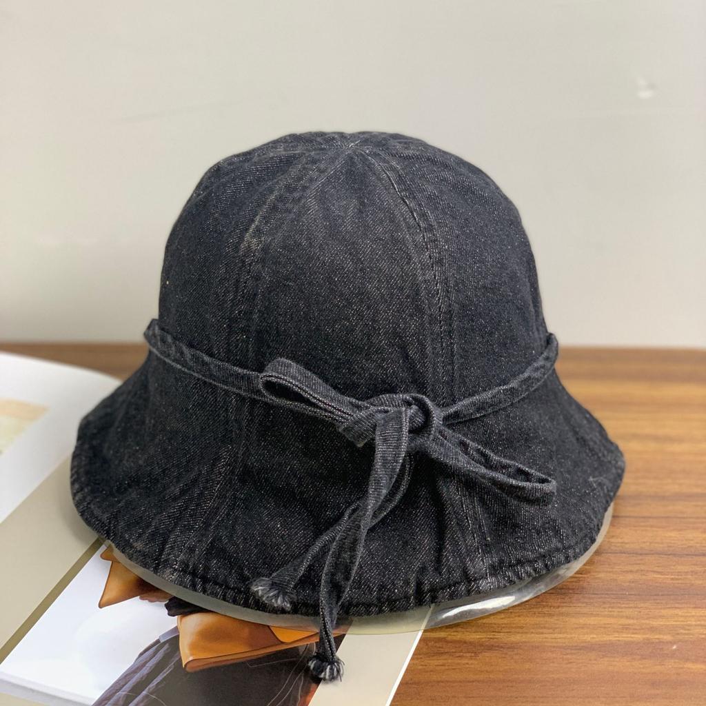 Thin denim bucket hat women's Dongdaemun retro literary bow sunshade basin hat summer