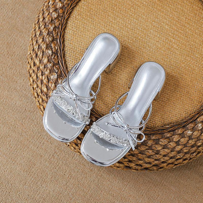 

French fairy style temperament slippers female summer new bow rhinestone cool slippers thick heel high heels with skirt 40 серебряный
