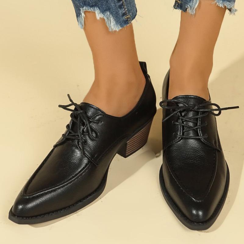 Fashion Women's Coarse Heel Shoes Spring New Pointy Front Lacing Splicing Leather Anti-slip Wear-resistant Low-top Shoes