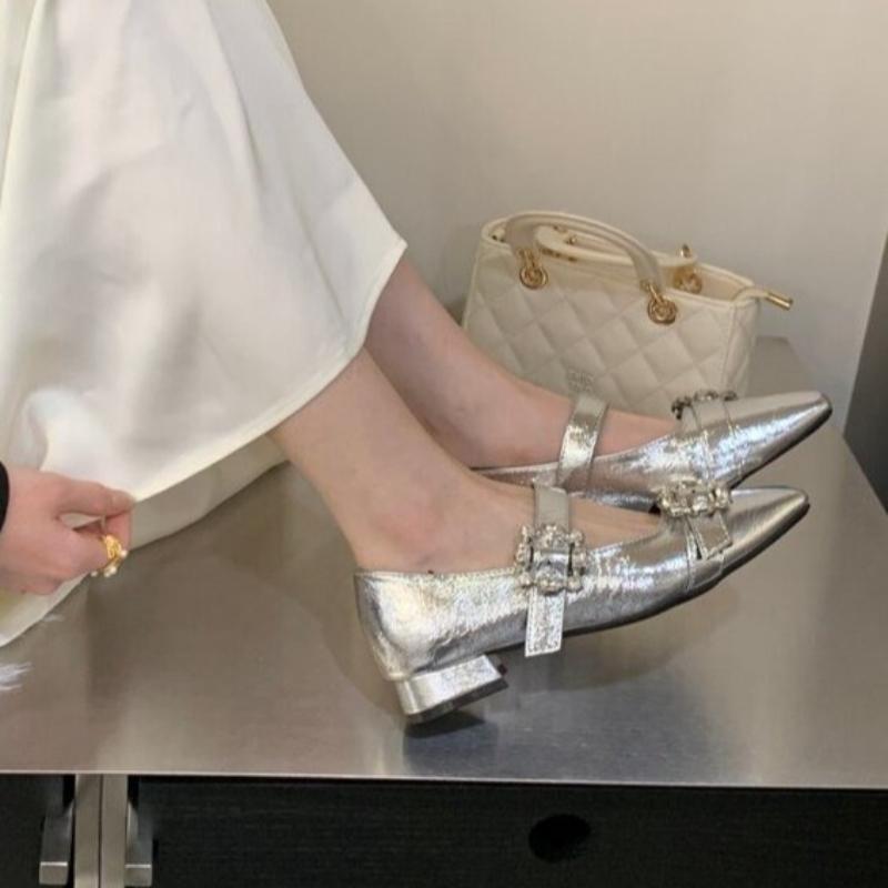 2026 New Spring Heels Shoes Women Fashion French Vintage Shoes Buckle Design Diamond Ballet 35