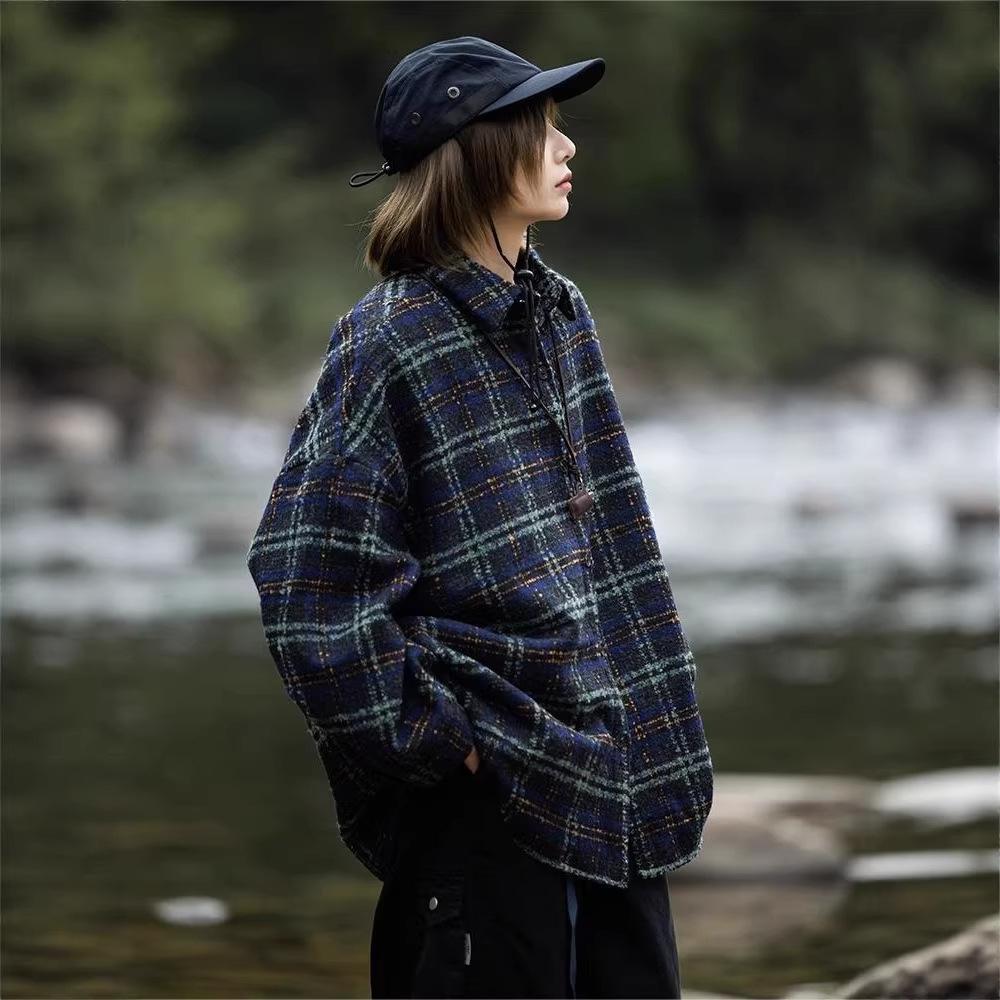 Autumn and Winter Japanese Department College Contrasting Color Plaid Shirt for Men and Women Couples BF Neutral Woolen Jacket Lapel Loose and Casual