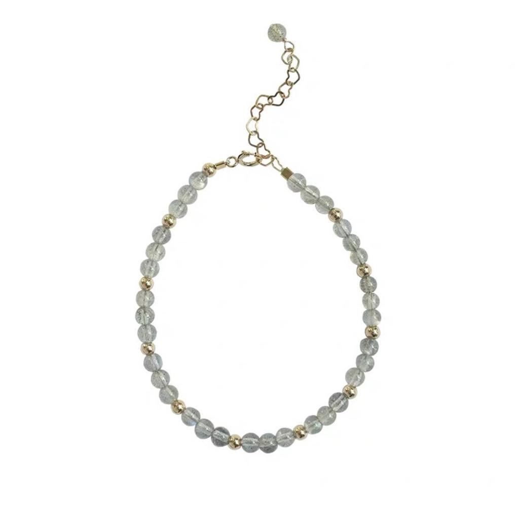 Lanyun Schmuck Schlichtes Grau-Blau Natürlicher Mondstein Länglicher Stein 14 Karat Gold Armband Armband