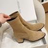 Korean girl~ Round head thick heel elastic suede thin boots commuting versatile high heel small ankle boots black short boots women
