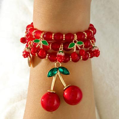 Accessories, Personalized Sweet Cherry Beaded Bracelet, Red Valentine's Day Round Bead Peach Heart Stacked Bracelet Wholesale