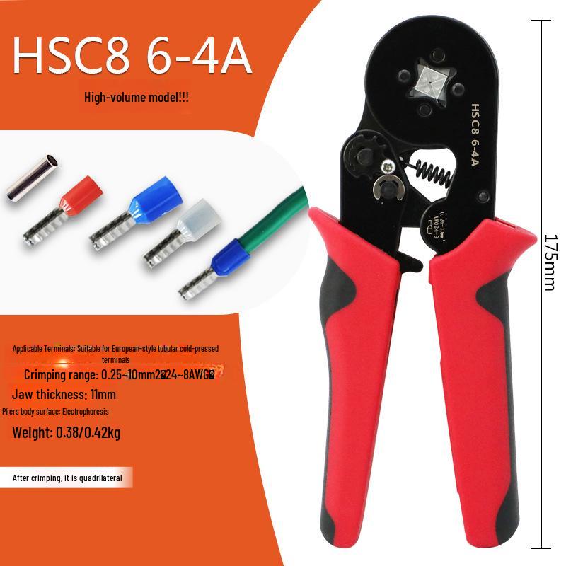 HSC8 6-4A Self-Adjusting Crimping Tool for VE Tube Terminals, 0.25-10mm Range, Quadrilateral Crimping.
