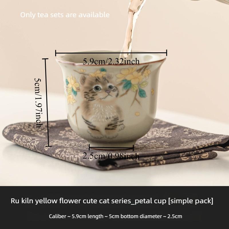 Hand Drawn Yellow Flower Cute Cat Ru Kiln Teapot Chinese High-end Kung Fu Tea Set Tea Making for Home Use Hand-held Teapot