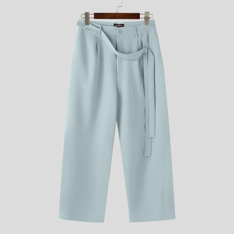 

INCERUN S-5XL High Waist Belt Lace Up Pants Casual Long Straight Trousers 5XL синий