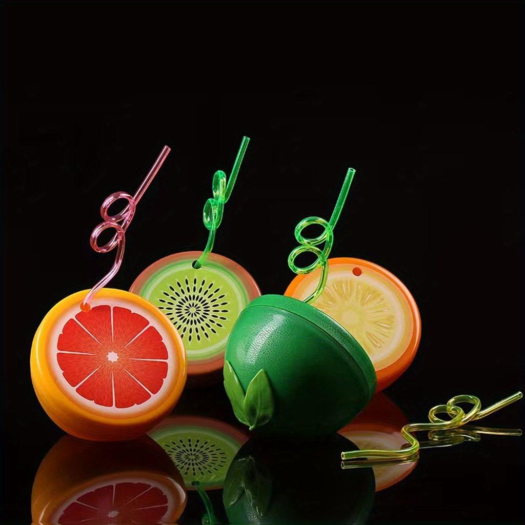 8pcs Creative Cartoon Fruit-Shaped Cups with Straws , Watermelon, Lemon, Orange, Kiwi Design , Reusable Plastic Food-Safe Drinking Cups