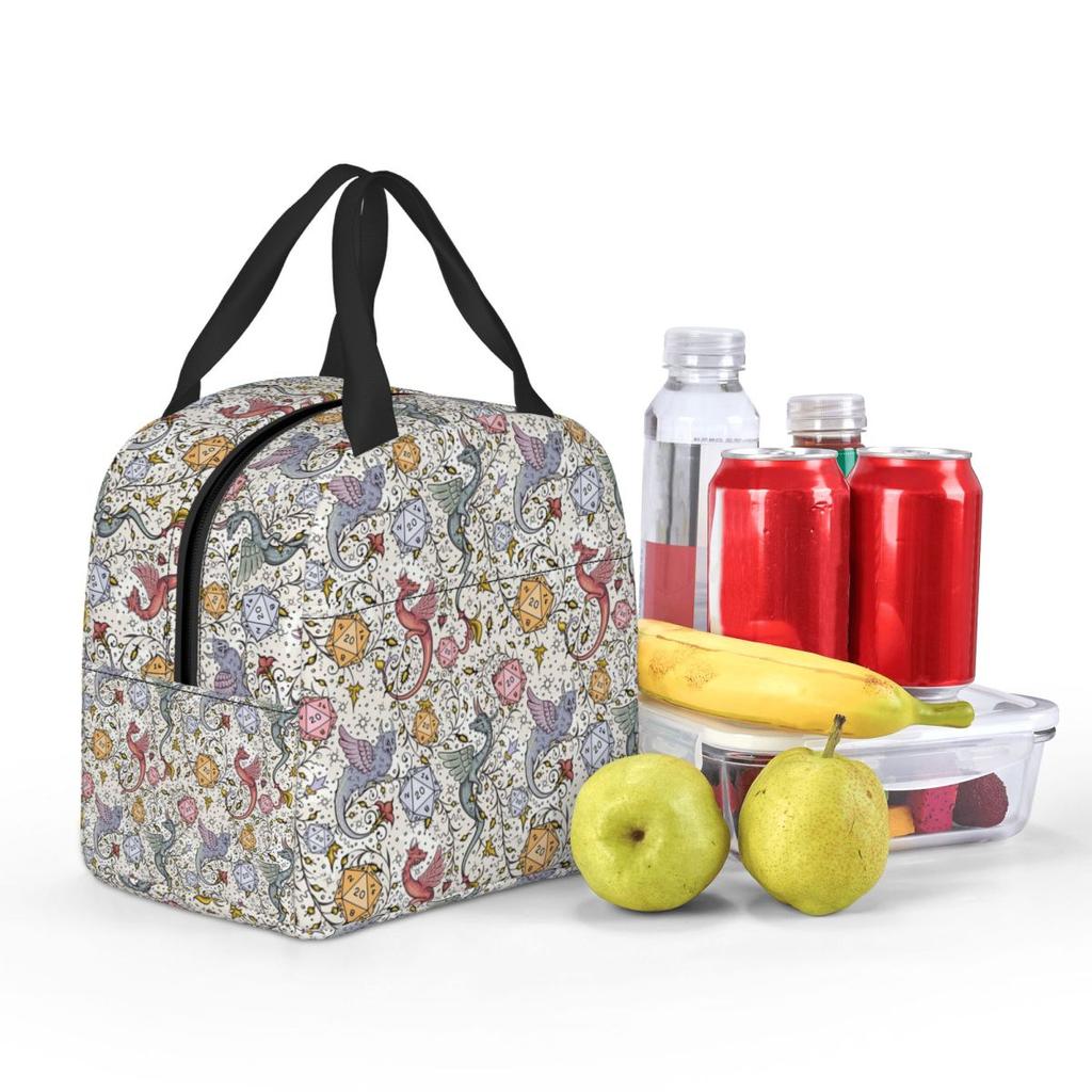 Medieval Dragon And D20 Dice Dnd Pattern Insulated Lunch Bag for Kids School Cooler Thermal Food Box Tote Lunch Boxes Container