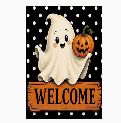 Halloween Garden Flag Ghost Holding Pumpkin Welcome Sign Polka Dot Background Outdoor Decorative Banner for Yard Patio