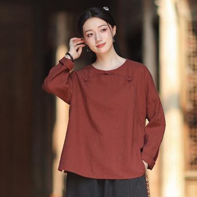 Magliette da donna vintage con ricamo, colore unito, autunnali, con bottoni, morbide, stile cinese
