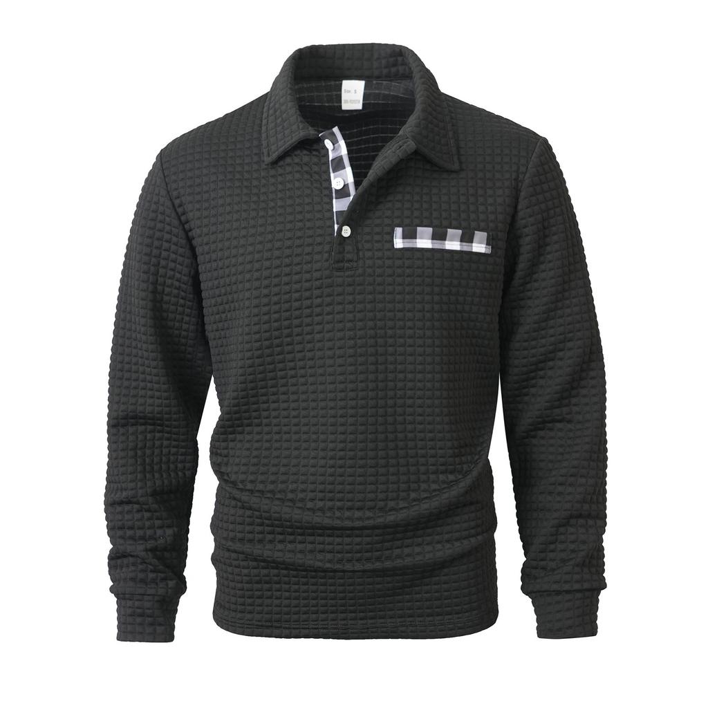 Men's Lapel Single Breasted Small Plaid Top Casual Sports Long Sleeved Top