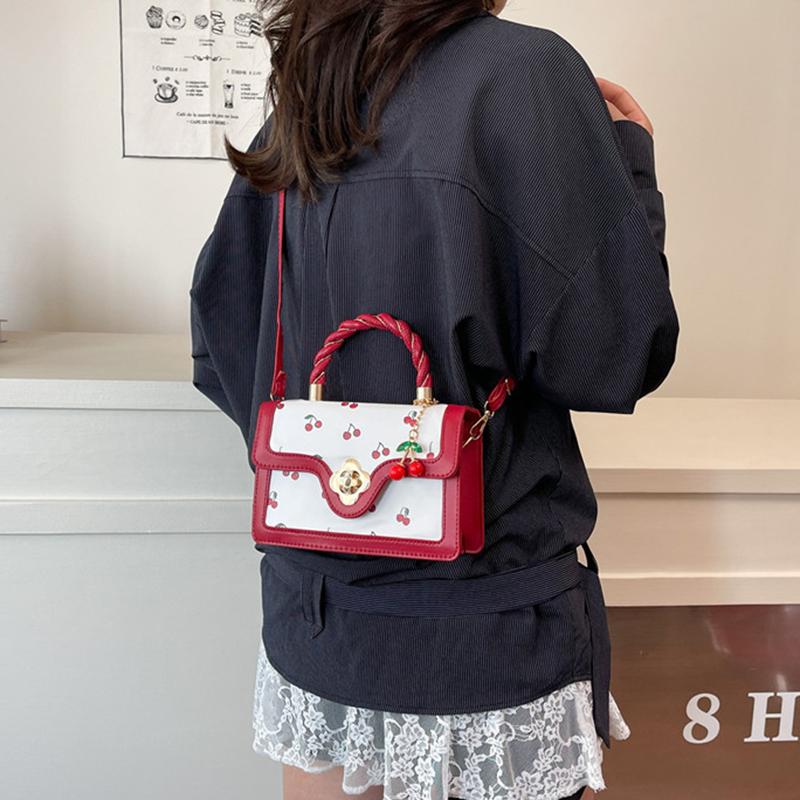 Women Cherry Square Bag PU Leather Sweet Cherry Crossbody Bag Adjustable Strap Sling Ladies Outdoor Small Handbags