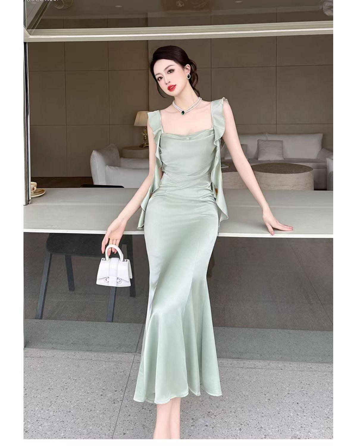 

Вечернее платье на сатиновых бретелях-спагетти – Сексуальный, милый и изысканный летний стиль M for 90-105 lbs