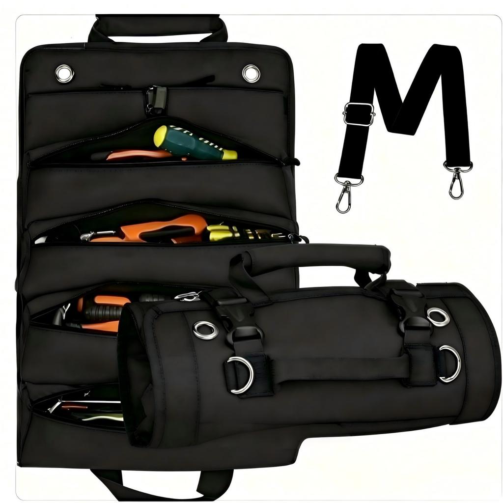 Rolling Tool Bag Organizer, Heavy Duty Oxford Fabric Electrician Tool Tote, Multi-Functional Auto Repair Storage Satchel with Shoulder Strap