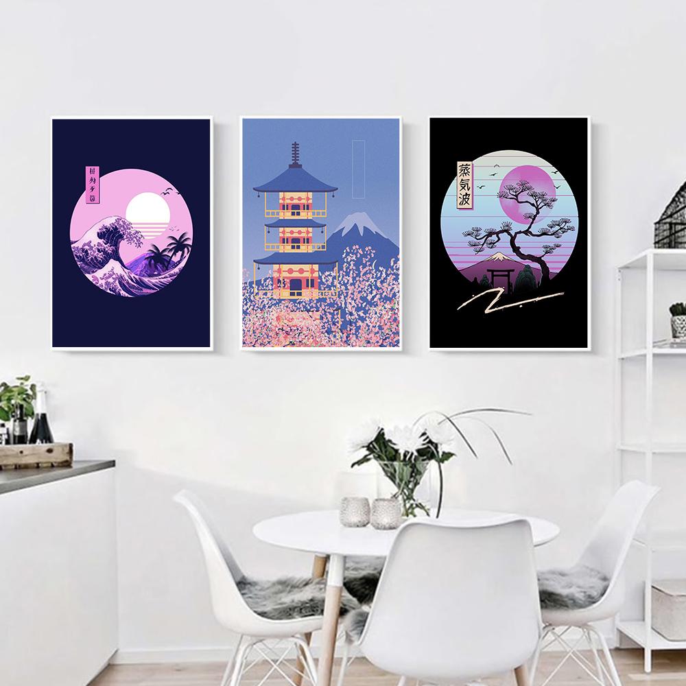 Vintage Japanese Tokyo Temple Art Canvas Paintings Kanagawa Great Wave Poster Mt Fuji Print Wall Pictures for Home Decoration