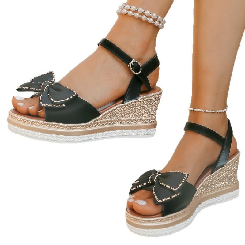 Slope Heel Sandals Women's New Summer Platform Muffin Shoes Round Head Open Toe Fashion Bow Large Size Women's Shoes