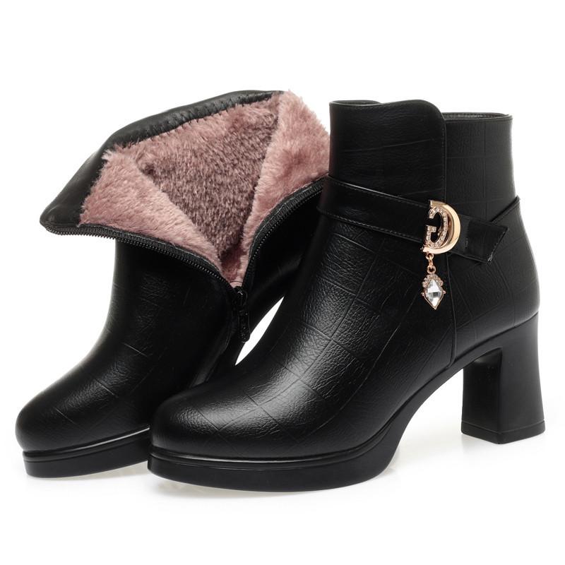 Women's High Heel Winter Boots - Waterproof Leather, Thick Platform, Plus Velvet Fashion Design