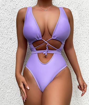 Sexy Women's Swimsuit Fashion Solid Color Cutout Cross Ties One-Piece Bikini Beachwear 6 Colors