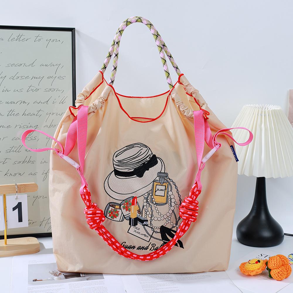 Japanese Style Handmade Waterproof Nylon Canvas Bag with Embroidered Patterns, Large Capacity