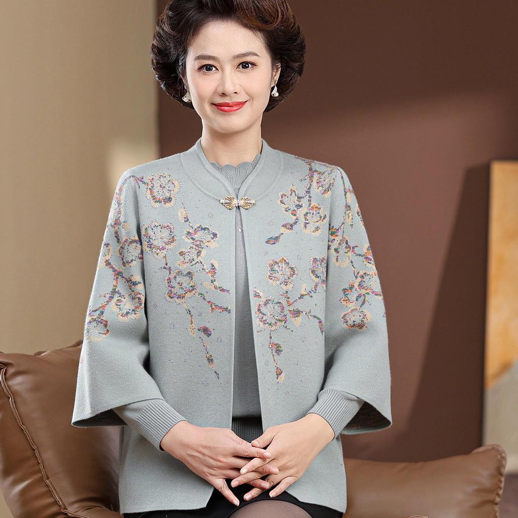 Mother-in-law Style Autumn Knit Cardigan Set for Middle-aged and Elderly Women