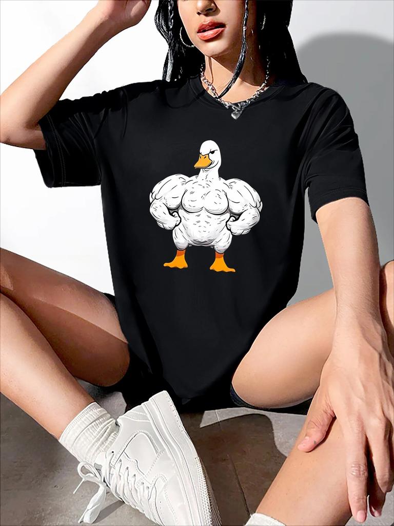 Funny Duck Print Casual Sports Printed T-shirt Women Round Neck Running Fitness Short Sleeves Tops Women's Activewear Fashion
