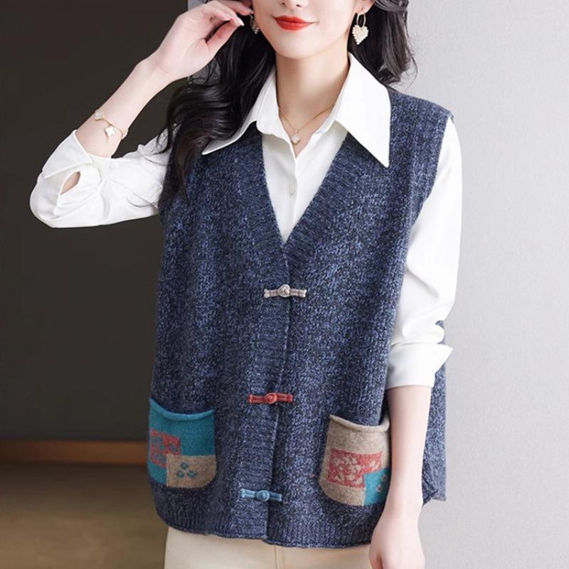 New Spring Autumn Outfits Women's National New Chinese Style Loose Slim Middle-aged Elderly Knitted Cardigan Waistcoat
