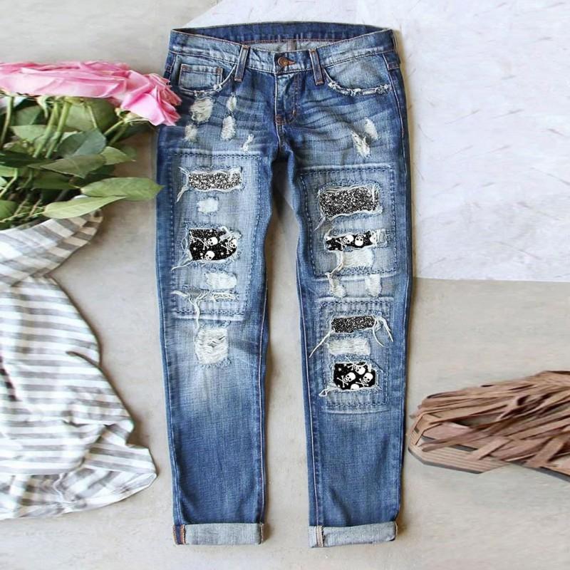 Womens Straight Cut Denim Jeans With Skull Patch Distressed Holes Mid-Rise Stretchy Cotton Blend