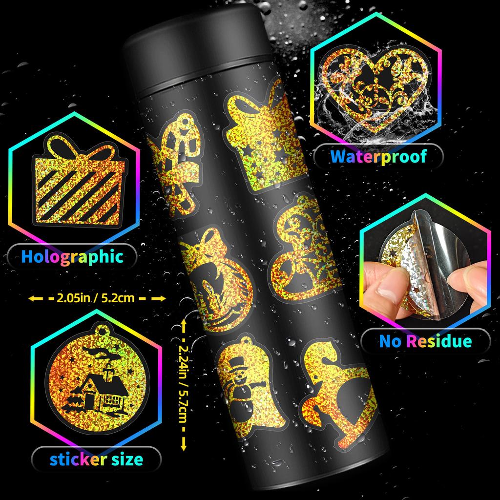 100 PCS Holographic Christmas Stickers - Gold PET Decals for Gifts, Journals, Glass Decor