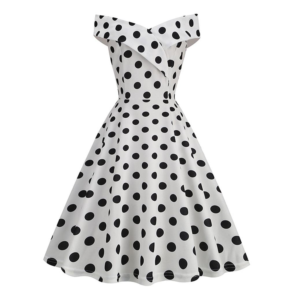 (Qunide) Women's Fashion One-line Shoulder Wave Dot Print Sexy Dress