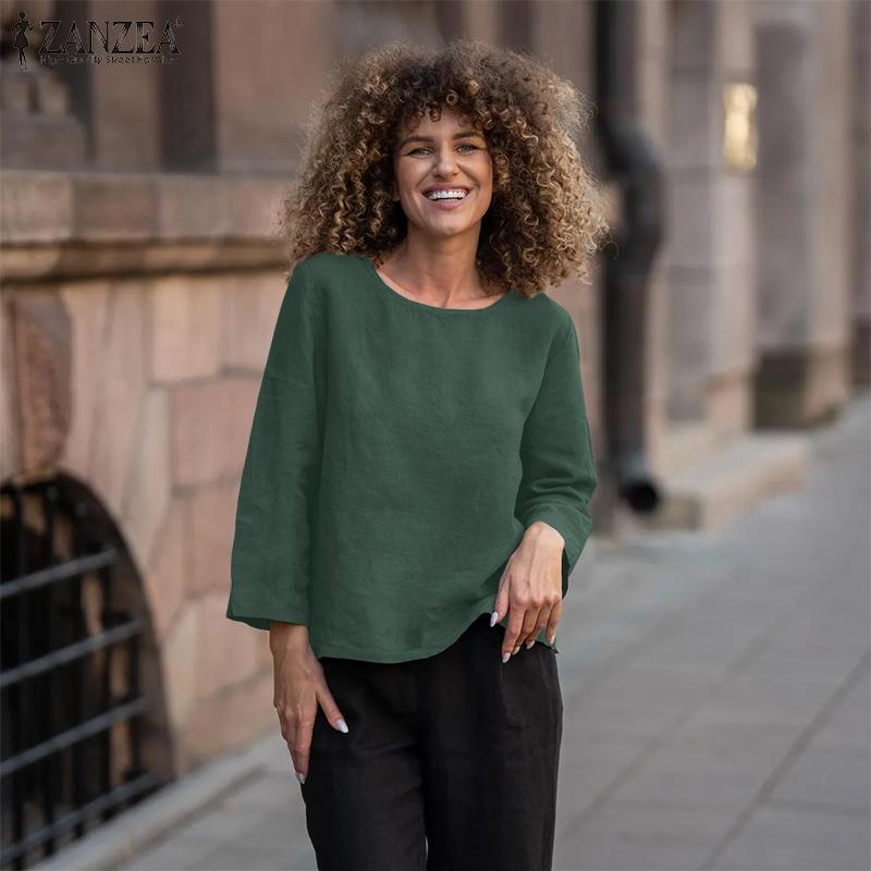 ZANZEA Women Casual Round Neck Solid Color Loose 3/4 Sleeve Blouse