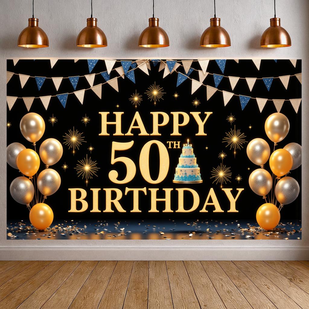 50th Celebration Display Triangular Bunting Golden Birthday Banner Birthday Celebration Banner Golden Glitter For Hotel