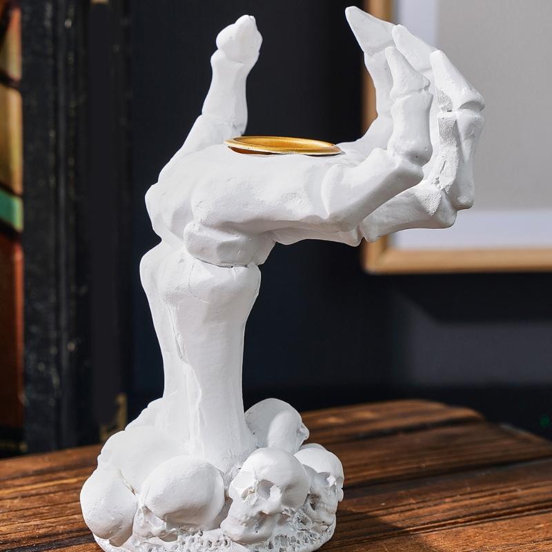 Resin Skeleton Hand Decors Candle Holders, Gothic Accent Rings, Bracelets, Necklace Stand for Halloween Centerpieces, Shelves, and Mantels Displays