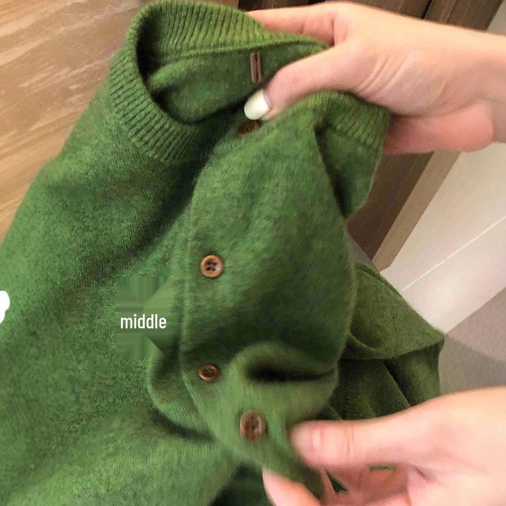 Stylish Green Knit Sweater: Unique Korean Design Long-Sleeve Coat for Women, Autumn/Winter 2025 Collection