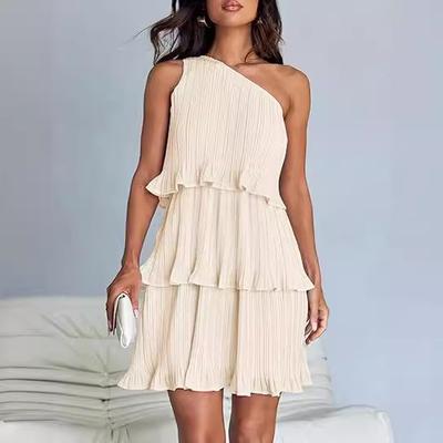 Summer Women's Dress Slant Shoulder Layered Patchwork Hem Solid Colour Dresses