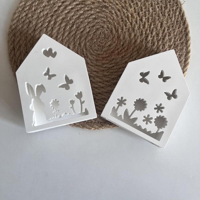 House Shape Silicone Molds with Bunnies Butterfly Flower Pattern for Soap Candle Making Cement Gypsum Silicone Molds