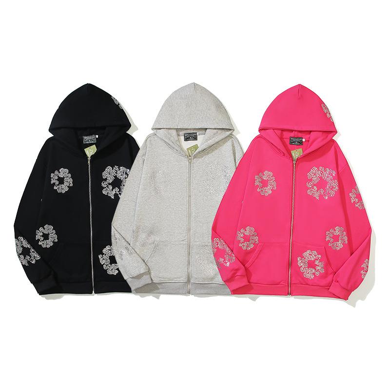 2025 High Street Hip Hop Vintage Kapok Cristal Diamante Fierbinți Fermoar Piept Jachetă Pulover cu Glugă Val