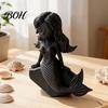 Cartoon Mermaid Figurine 3D Printed Action Figure, Dark Gothic Style with Matte Black Finish, Movable Joints Wavy Hair Design & Wide Rock Base, Decor