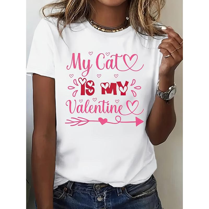 

European size My Cat is My Valentine Graphic Print Women s Short Sleeve Crew Neck T-Shirt Lightweight Top 4XL білий