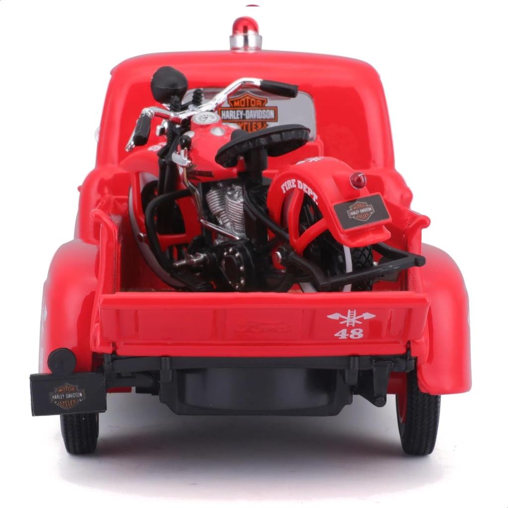 Maisto 1/24 scale diecast model of a Harley-Davidson and Ford 1948 F-1 Pickup, and a 1936 EL Knucklehead motorcycle.