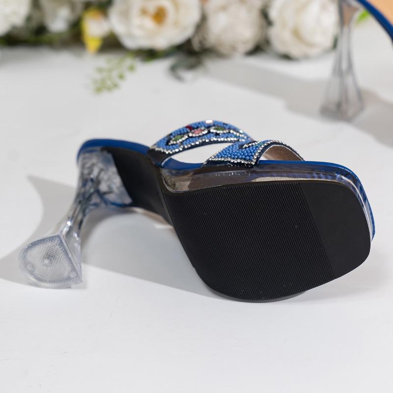 Women's Stiletto Slippers Summer New Square Head Open Toe Hollow-out Sequin Thick Soles Anti-slip Wear-resistant High Heels