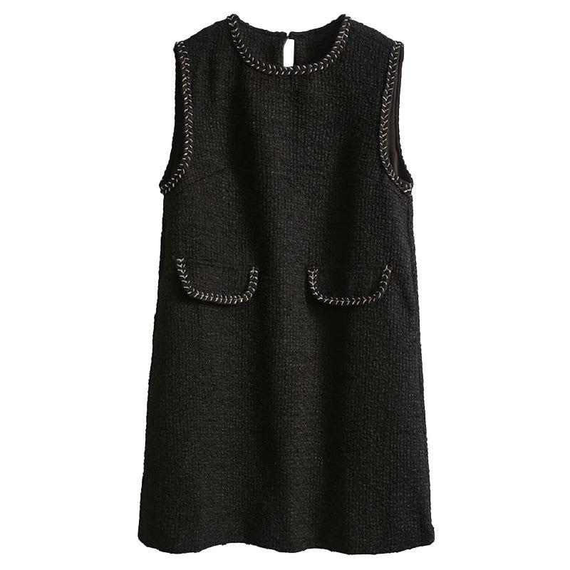 

Женское осенне-зимнее платье с круглым вырезом из тонкого тканого твида без рукавов черного цвета XL чёрный