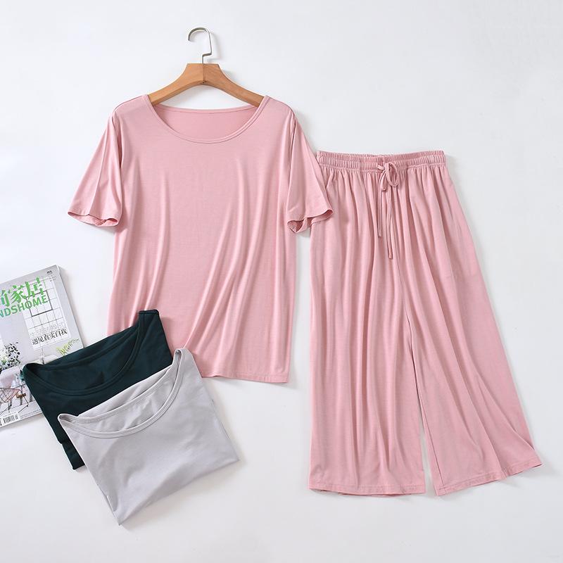 Damen Sommer Modal Pyjama Set - Kurzarm Oberteil & Caprihose, Tragbar im Freien, Übergröße