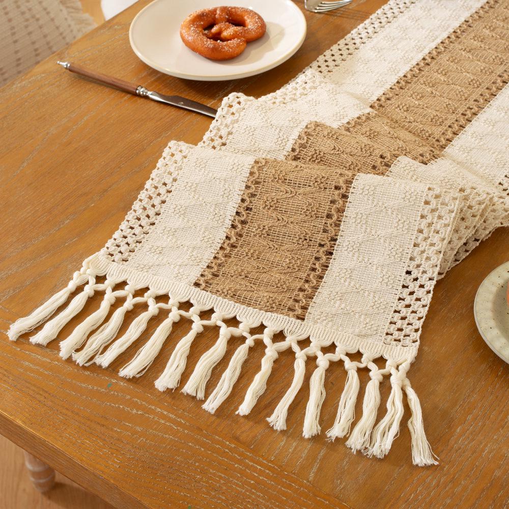 Nordic Light Luxury Cotton Linen Color Block Tassel Table Runner