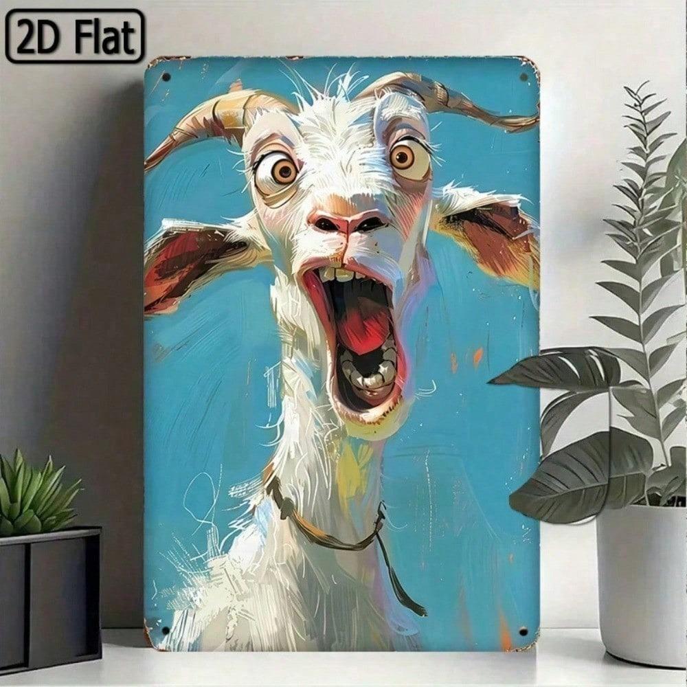 1PC 2D Flat Metal Tin Sign, Funny Screaming Goat Portrait Wall Art, Whimsical Blue Background Animal Poster, Rustic Farmhouse Decor