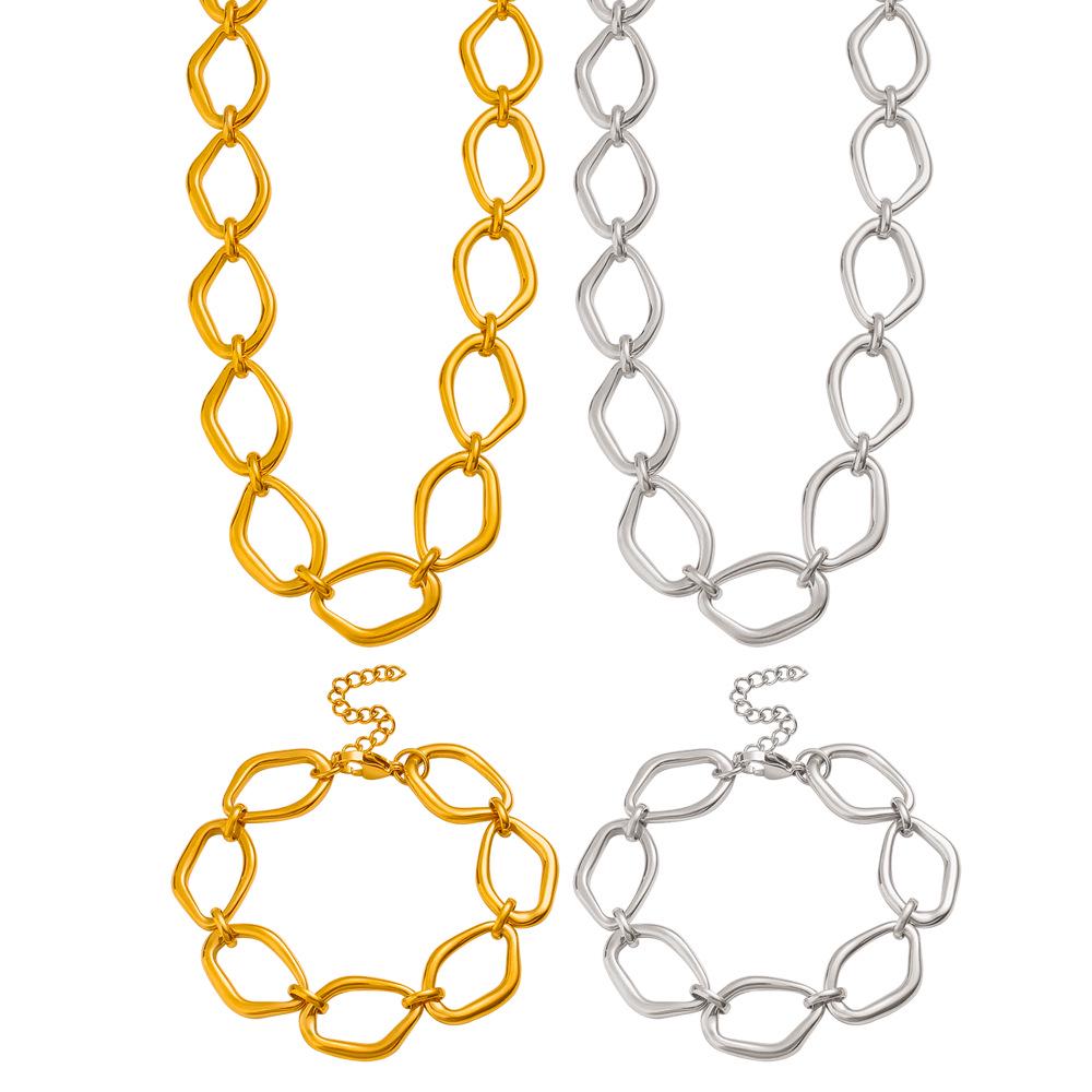 YueShi Stainless Steel Polygon Necklace Bracelet Set Trendy Jewelry