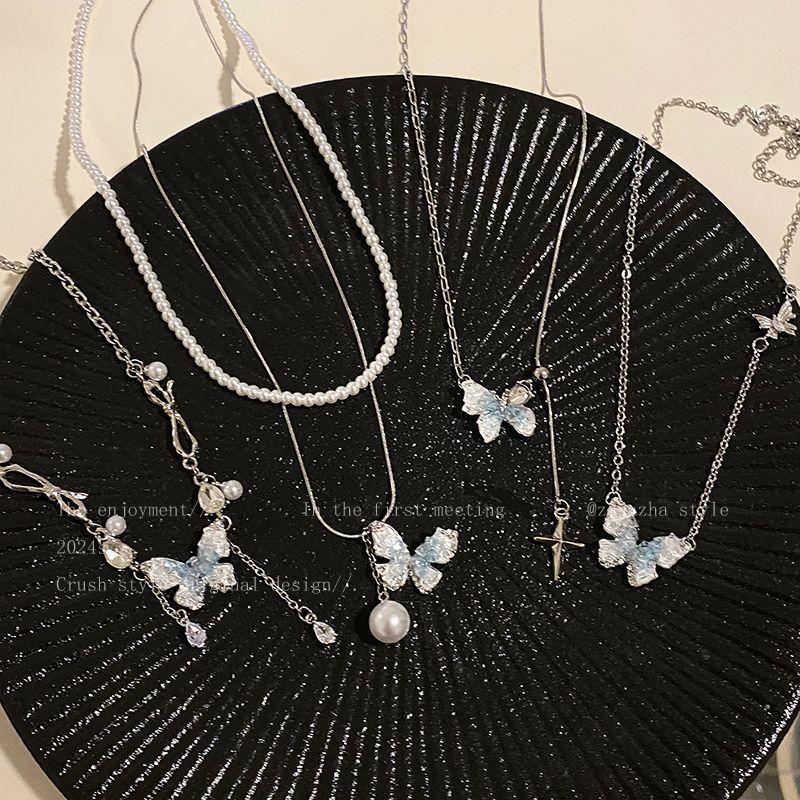 Ice Crystal Gradual Change Color Pearl Butterfly Fringed Necklace Female Summer Exquisite Premium Collarbone Chain Sweet Cool Babe Necklace
