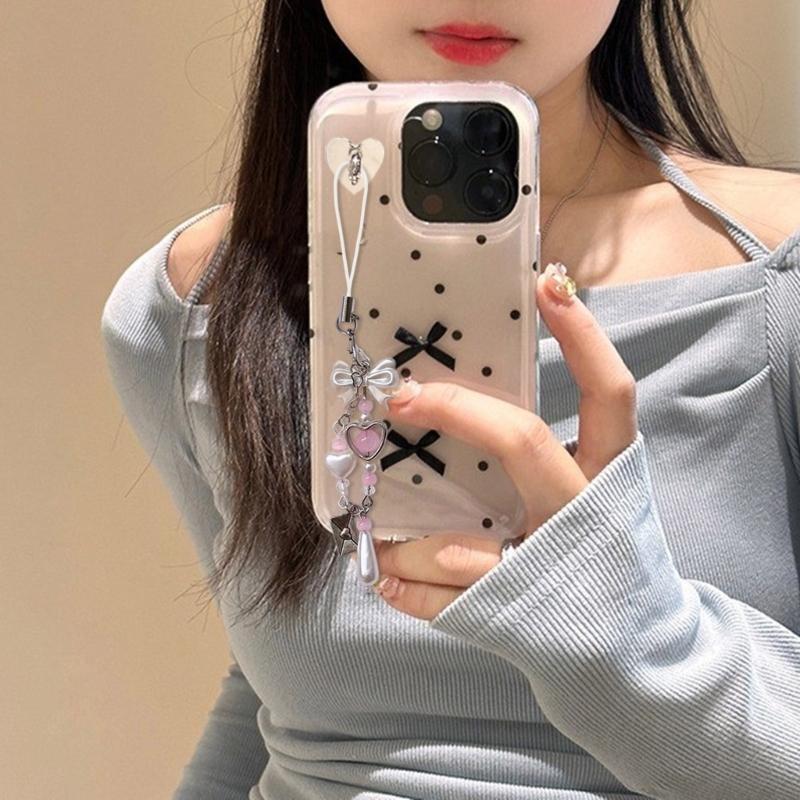 Sweet Bowknot Phone Chain Ornament Heart Beaded Cellphone Pendant Phone Lanyard Bag Ornament for Fashion Individuals